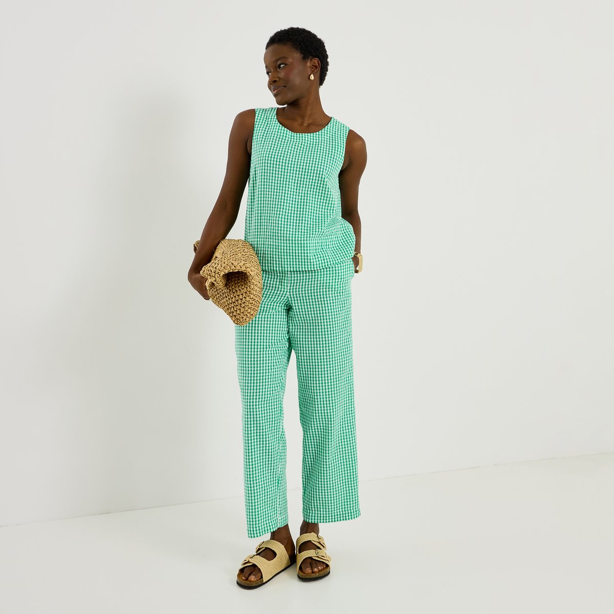 Pantalon seersucker imprimé vichy vert, GRAIN DE MALICE