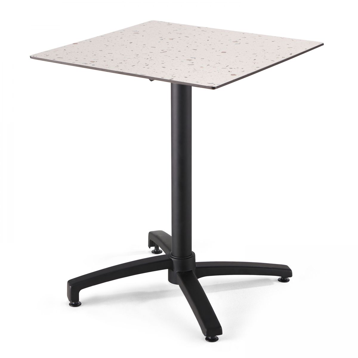 Table 60x60 cm inclinable stratifiée avec pied noir et chaises en métal, OPERA terrazzo moucheté fauteuil taupe, OVIALA
