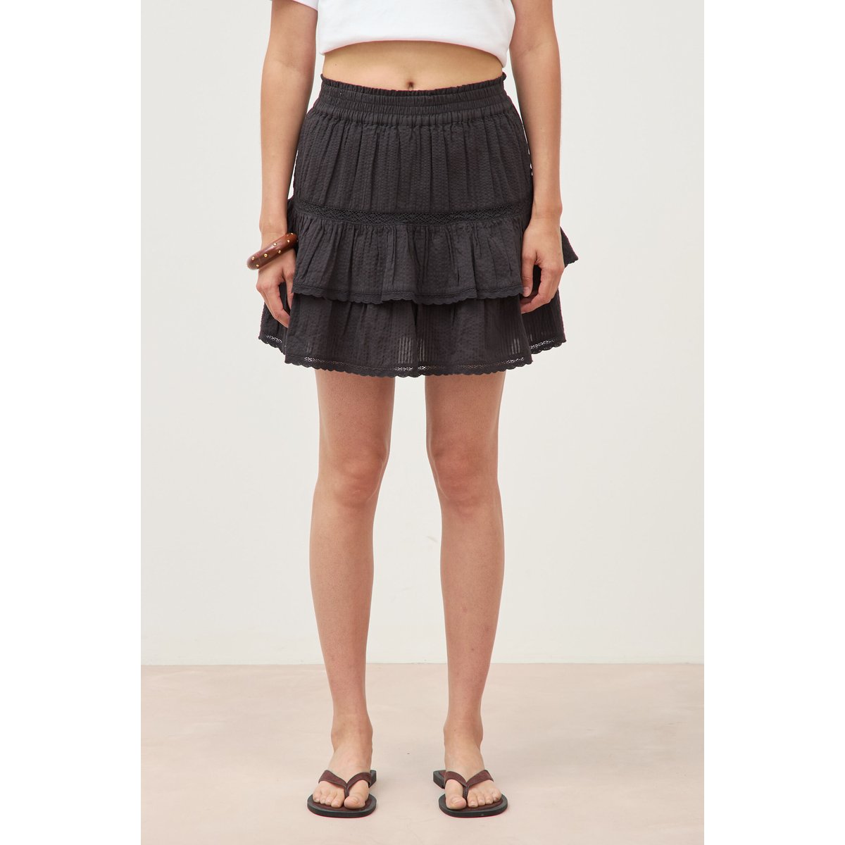 Mini-jupe fluide en coton doublée noir, BONOBO