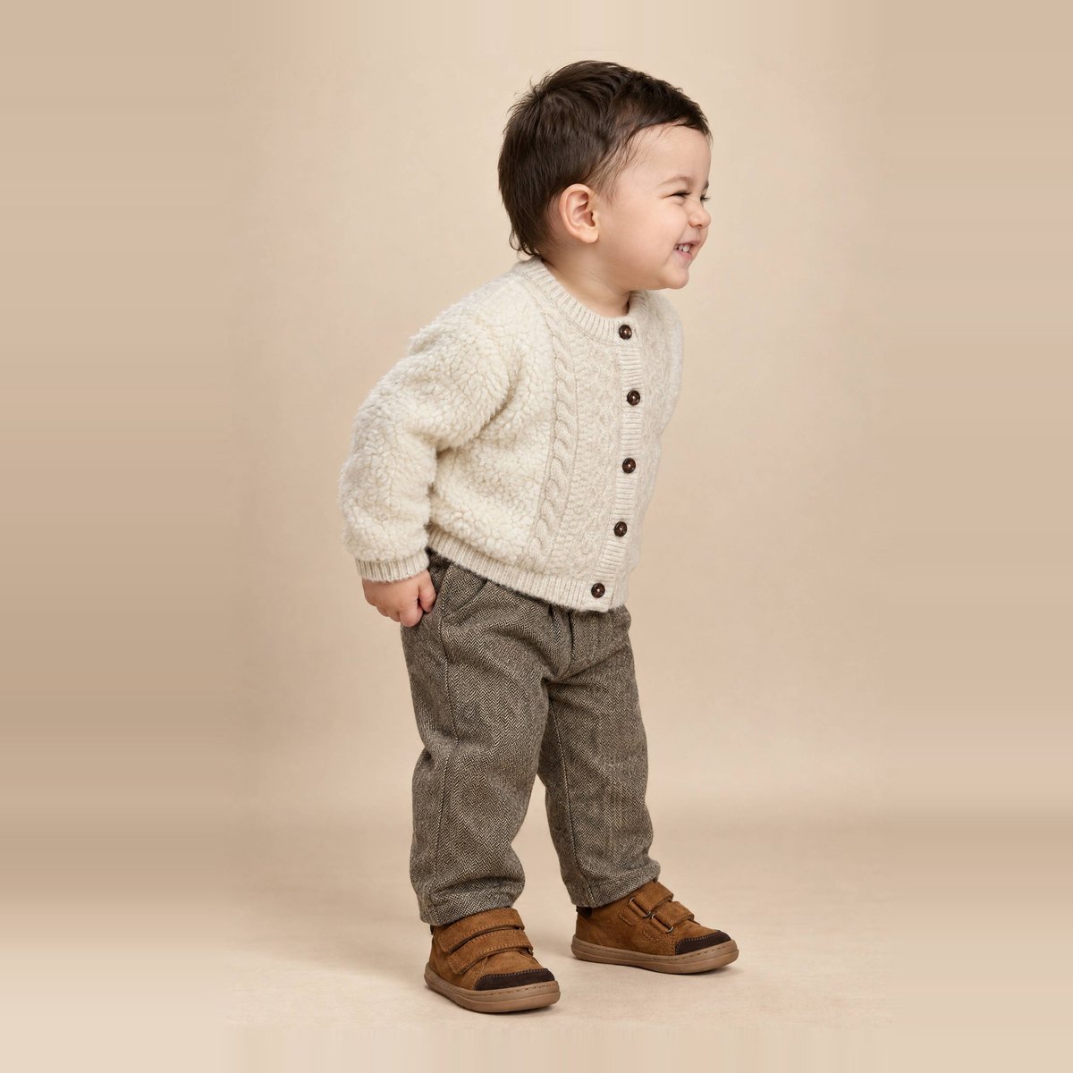 Cardigan bi-matière en sherpa et tricot uni naturel, BOUT'CHOU