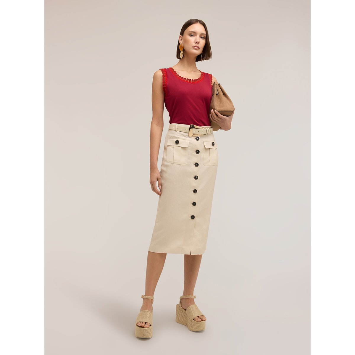 Jupe crayon mi-longue beige, MOTIVI