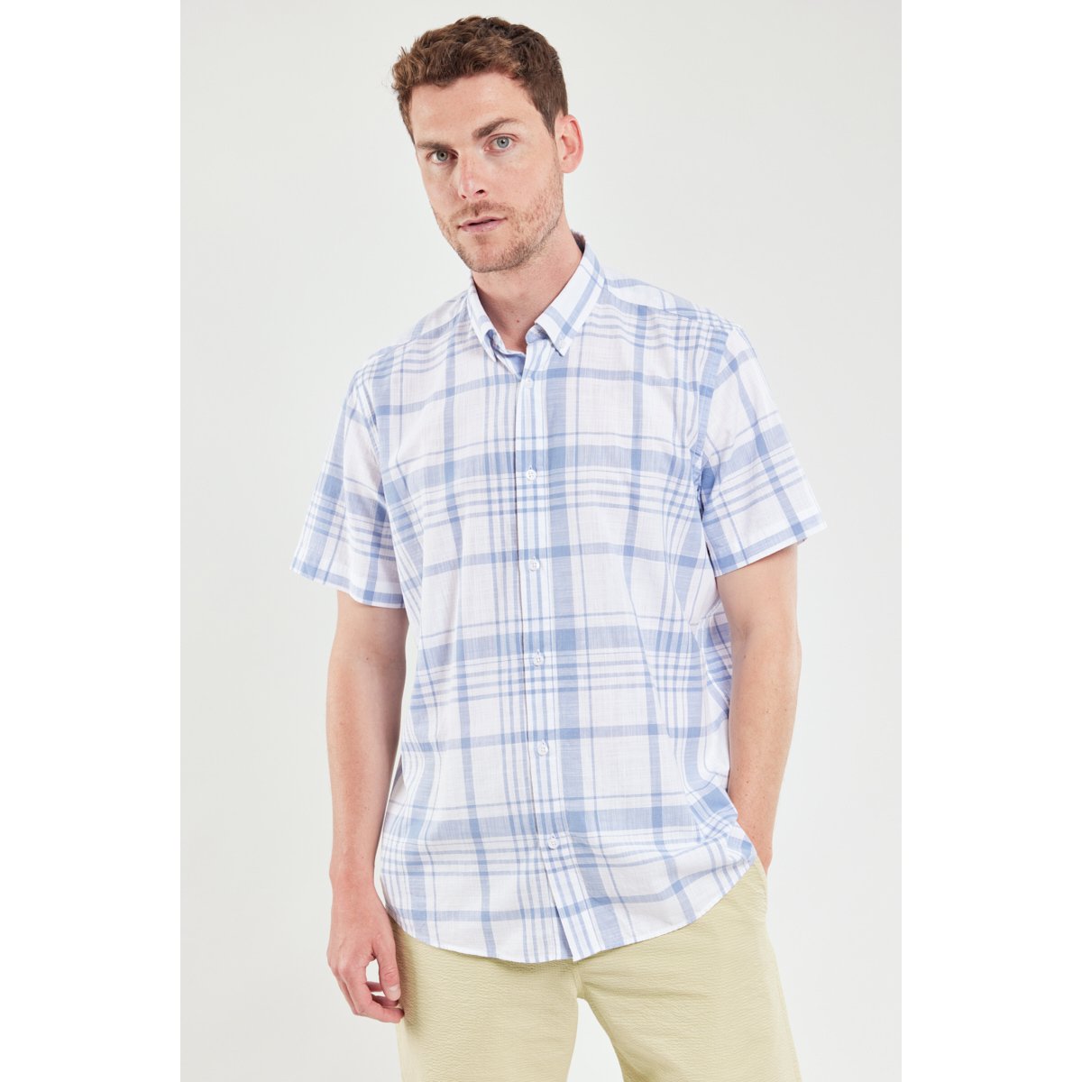 Chemise manches courtes en coton carreaux blue, ARMOR-LUX