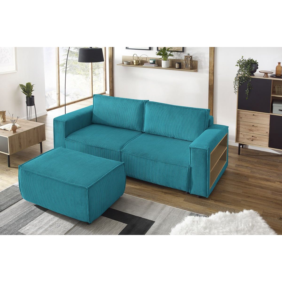 Canapé droit convertible 3 places en velours côtelé avec pouf, NIHAD bleu foncé, BOBOCHIC