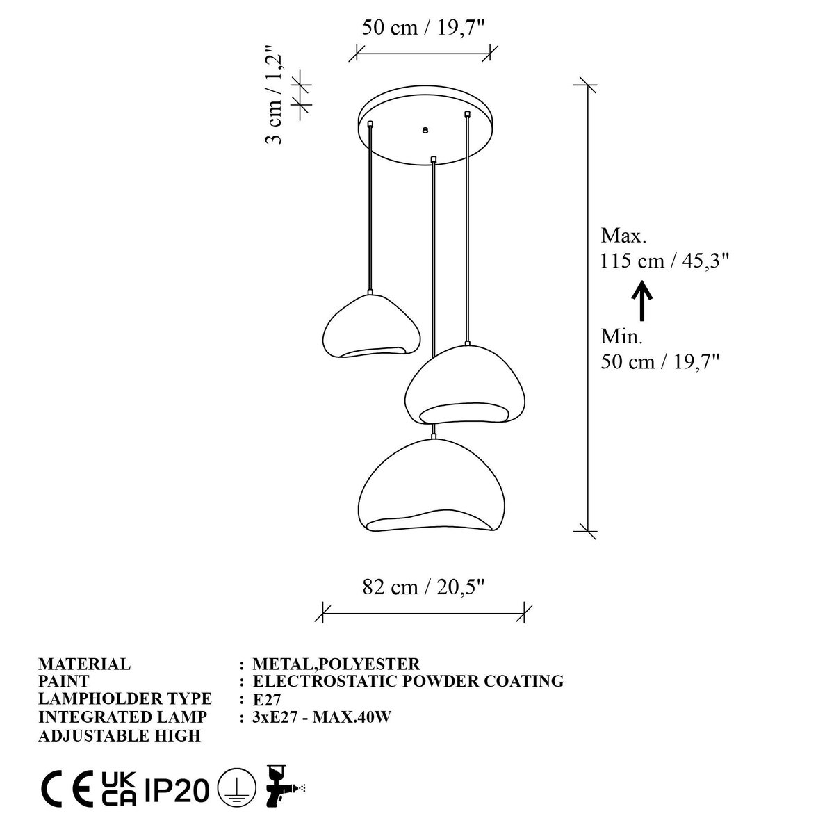 Suspension blanche design 3 abat-jour 82 cm NOXIS blanc, PIER IMPORT