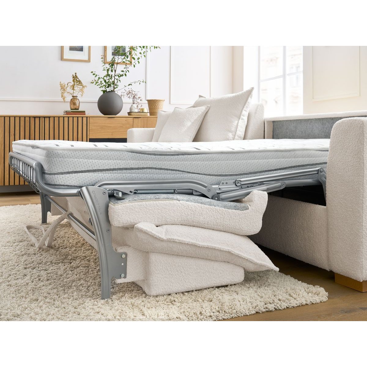 Canapé lit 3 places en tissu bouclette couchage 160x200 cm, AUGUSTIN blanc, BOBOCHIC