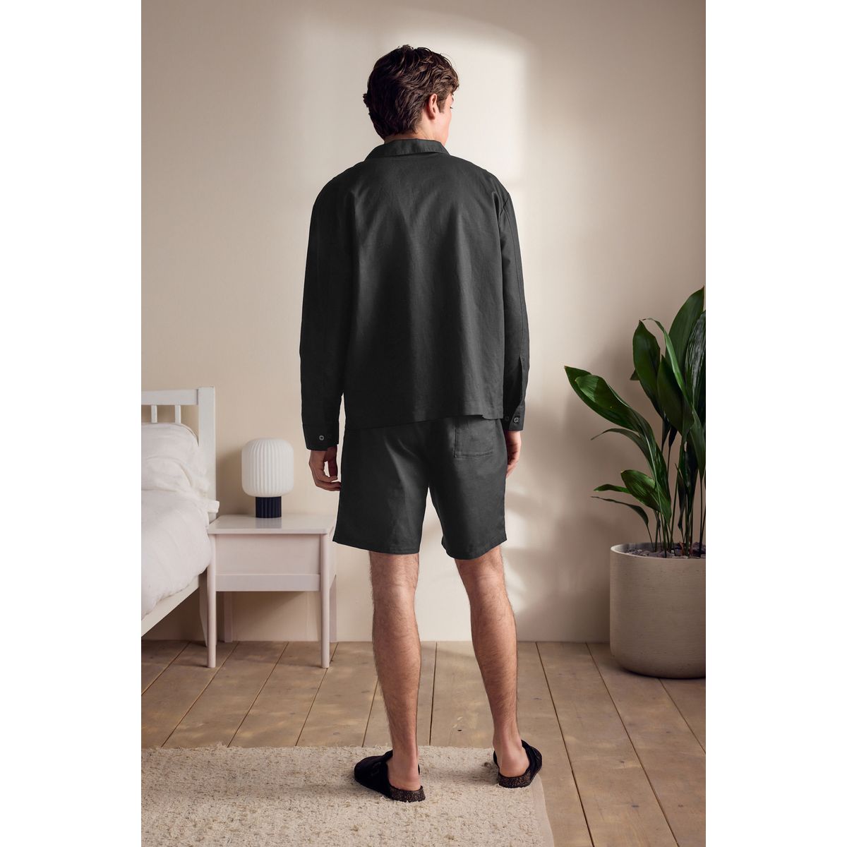 Pyjama short en mélange de coton et lin noir, NEXT