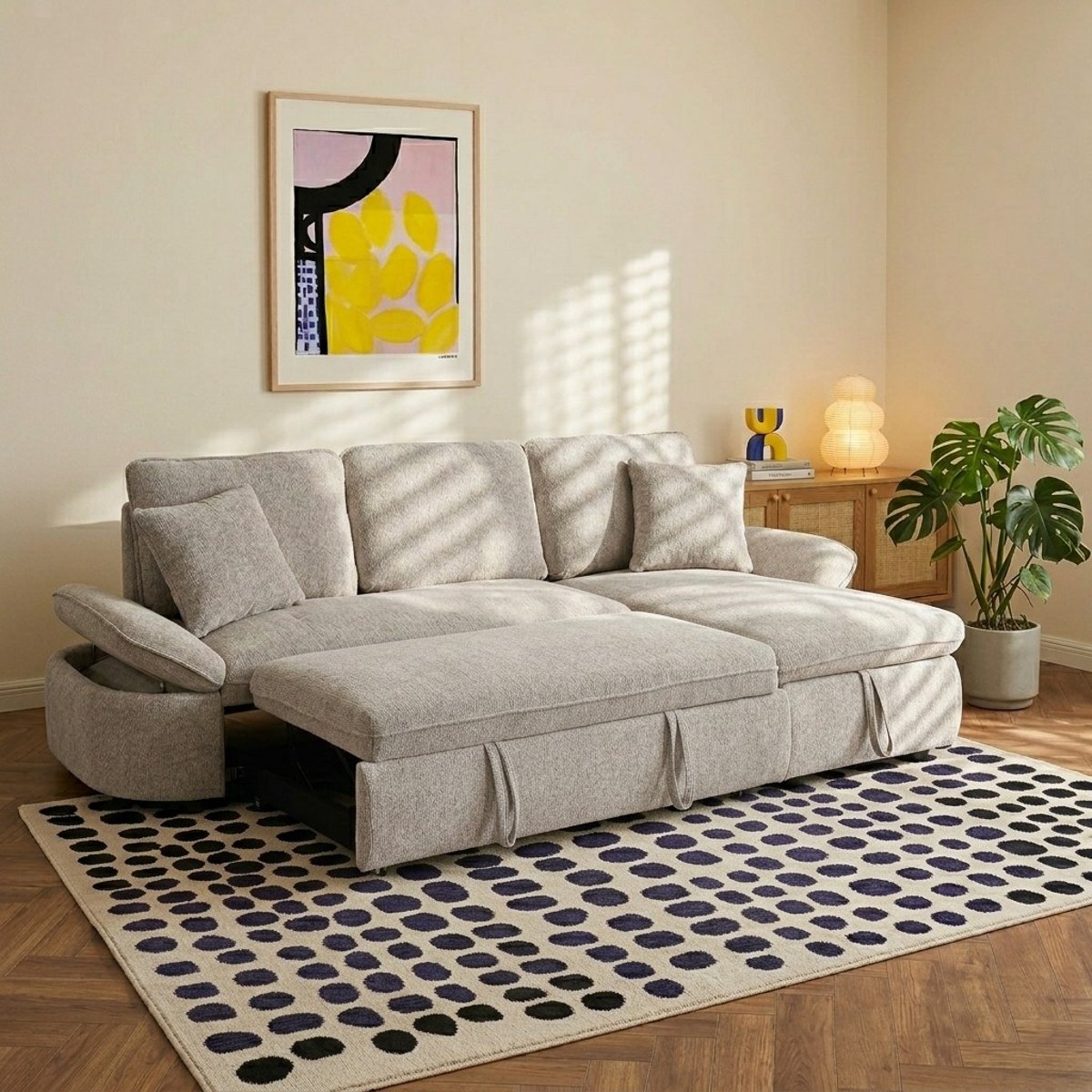 Canapé d'angle convertible tissu LORMA beige, BAÏTA