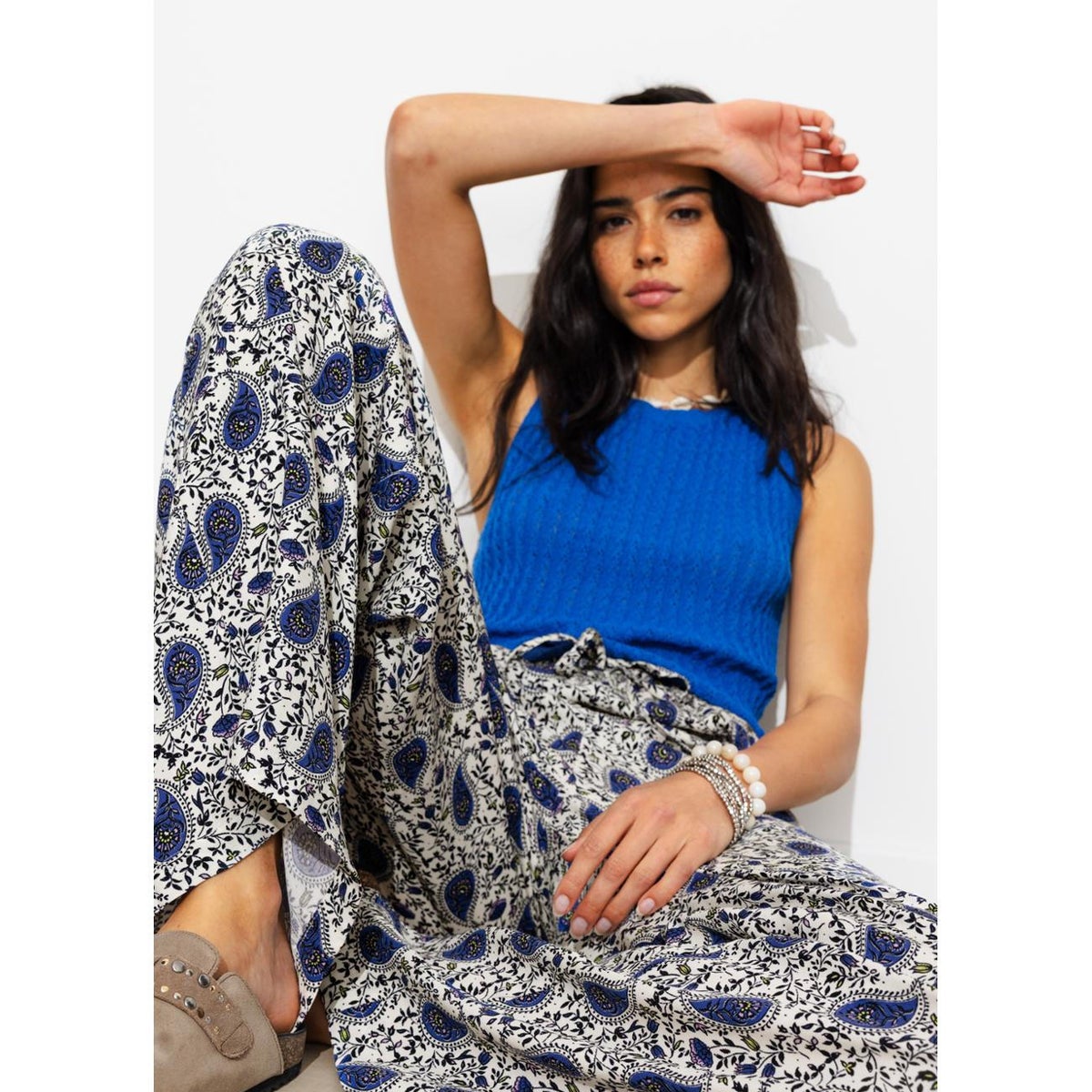 Pantalon large ceinturé imprimé multicolore, PROMOD