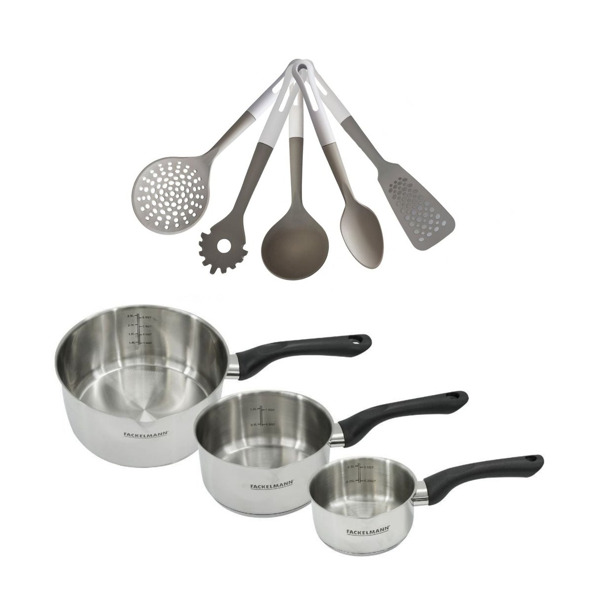 Batterie de cuisine 3 casseroles 12/16/20cm + 5 ustensiles VARIO inox|noir, FACKELMANN