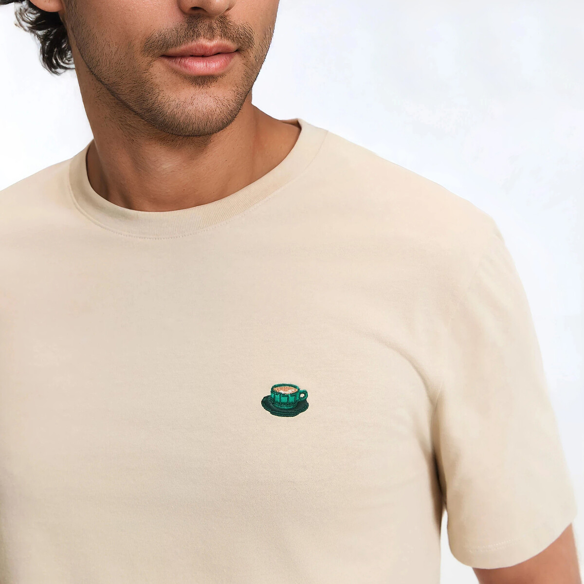 Regular Fit Crew Neck T-Shirt with Coffee Embroidery light beige, LA REDOUTE COLLECTIONS