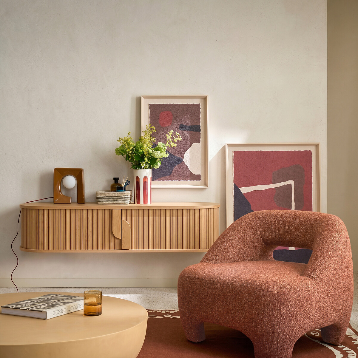 TV-meubel om te hangen, van eikenfineer, 2 schuifdeuren, B 160 cm, MARCELINO eikenhout, LA REDOUTE INTERIEURS