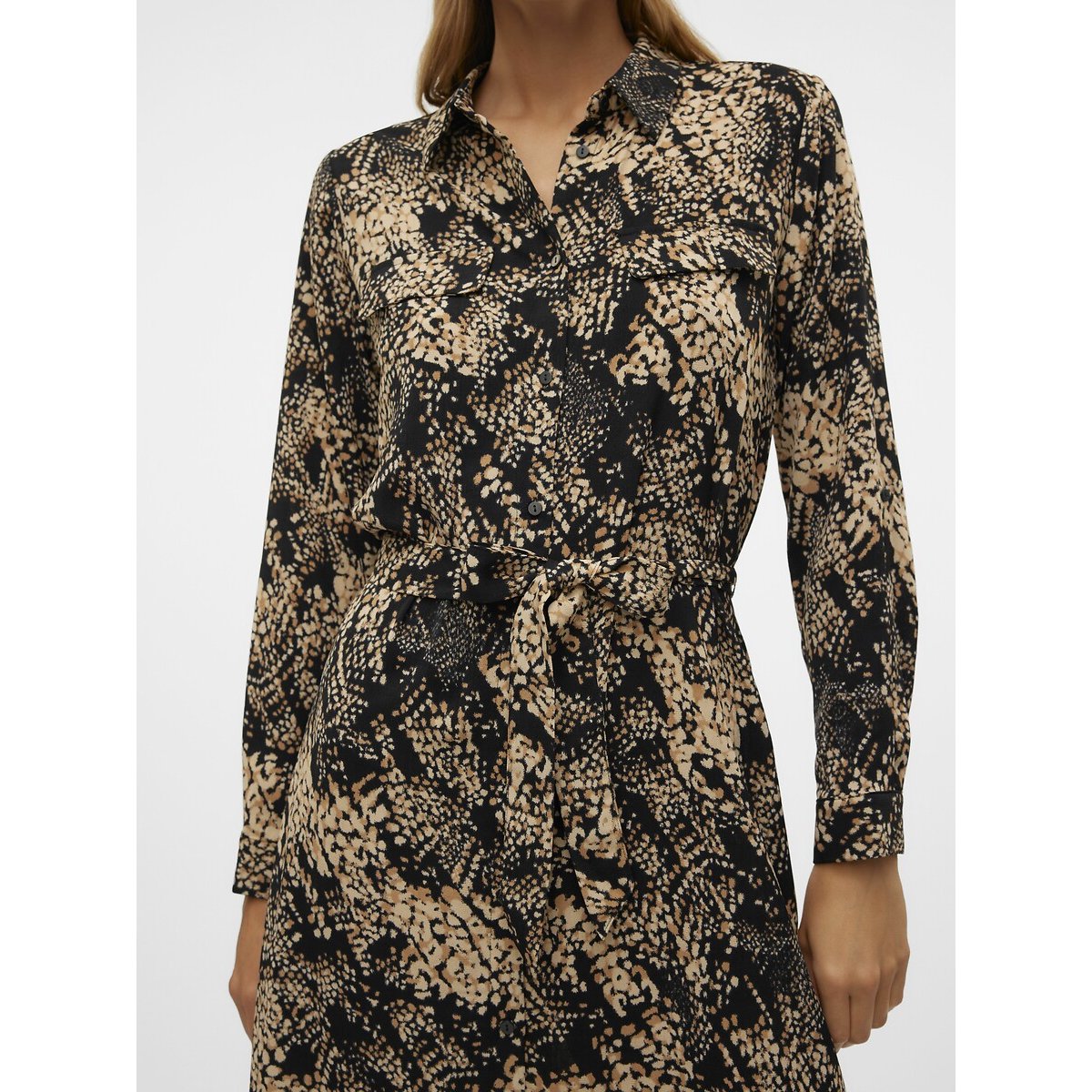 Robe midi imprimée à nouer noir/beige, VERO MODA