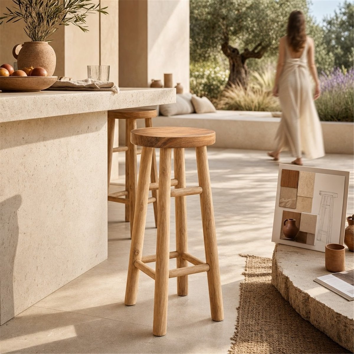 Tabouret haut de bar en teck massif naturel, RECOLLECTION