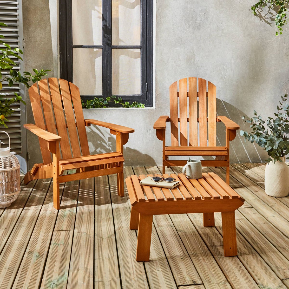 Fauteuil de jardin bois d'eucalyptus + repose-pieds (lot de 2) ADIRONDACK SALAMANCA X2 + TABLE/REPOSE PIEDS bois, SWEEEK
