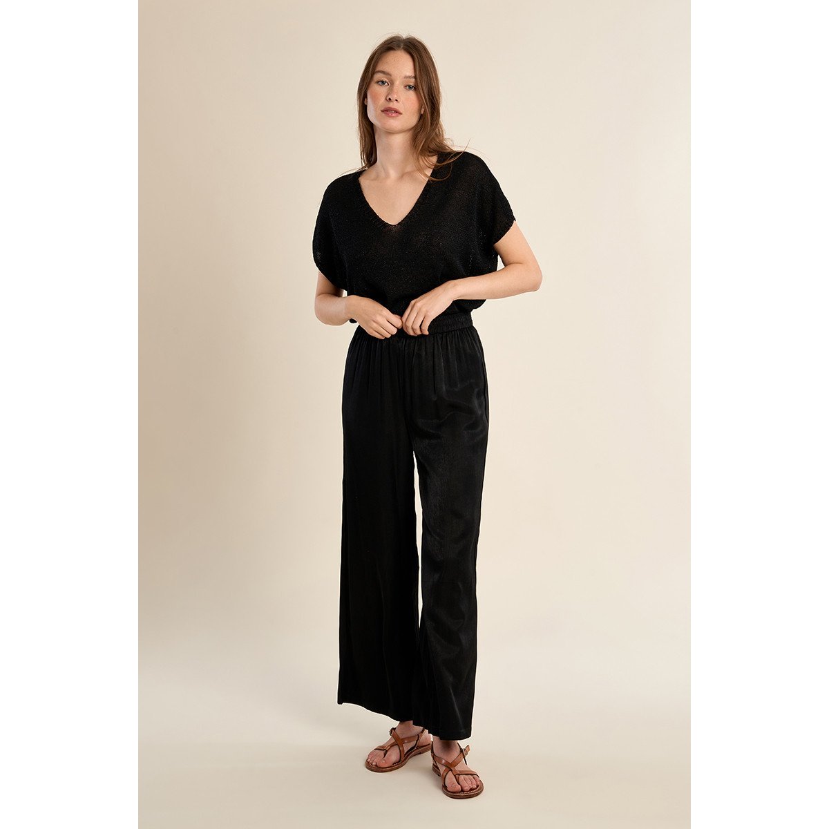 Pantalon large, effet satiné noir, MOLLY BRACKEN