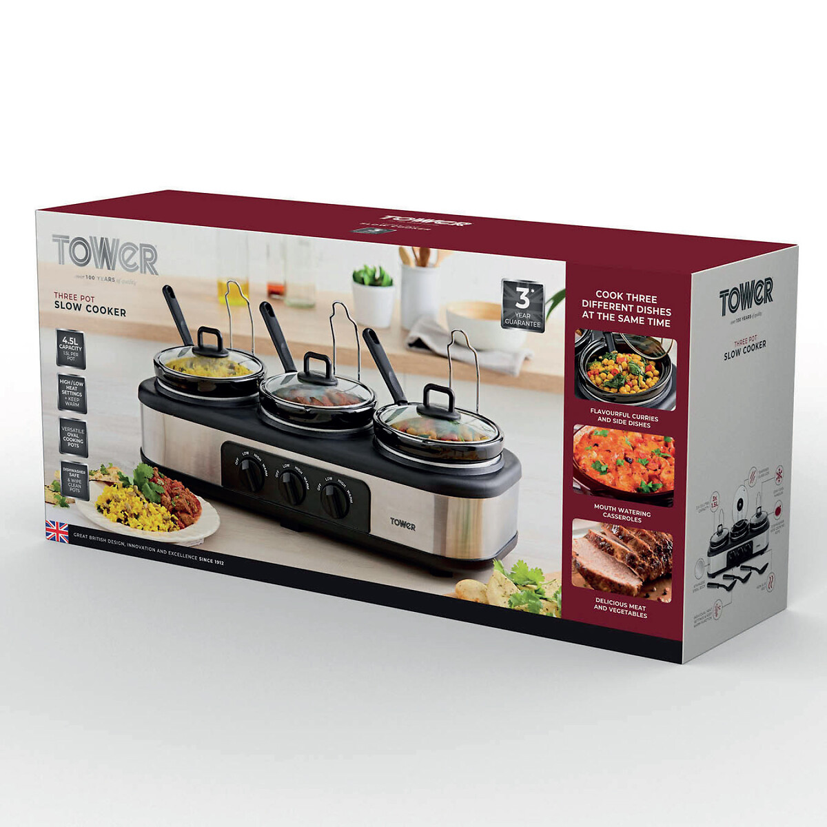 Three Pot 4.5L Slow Cooker - T16015 black, TOWER