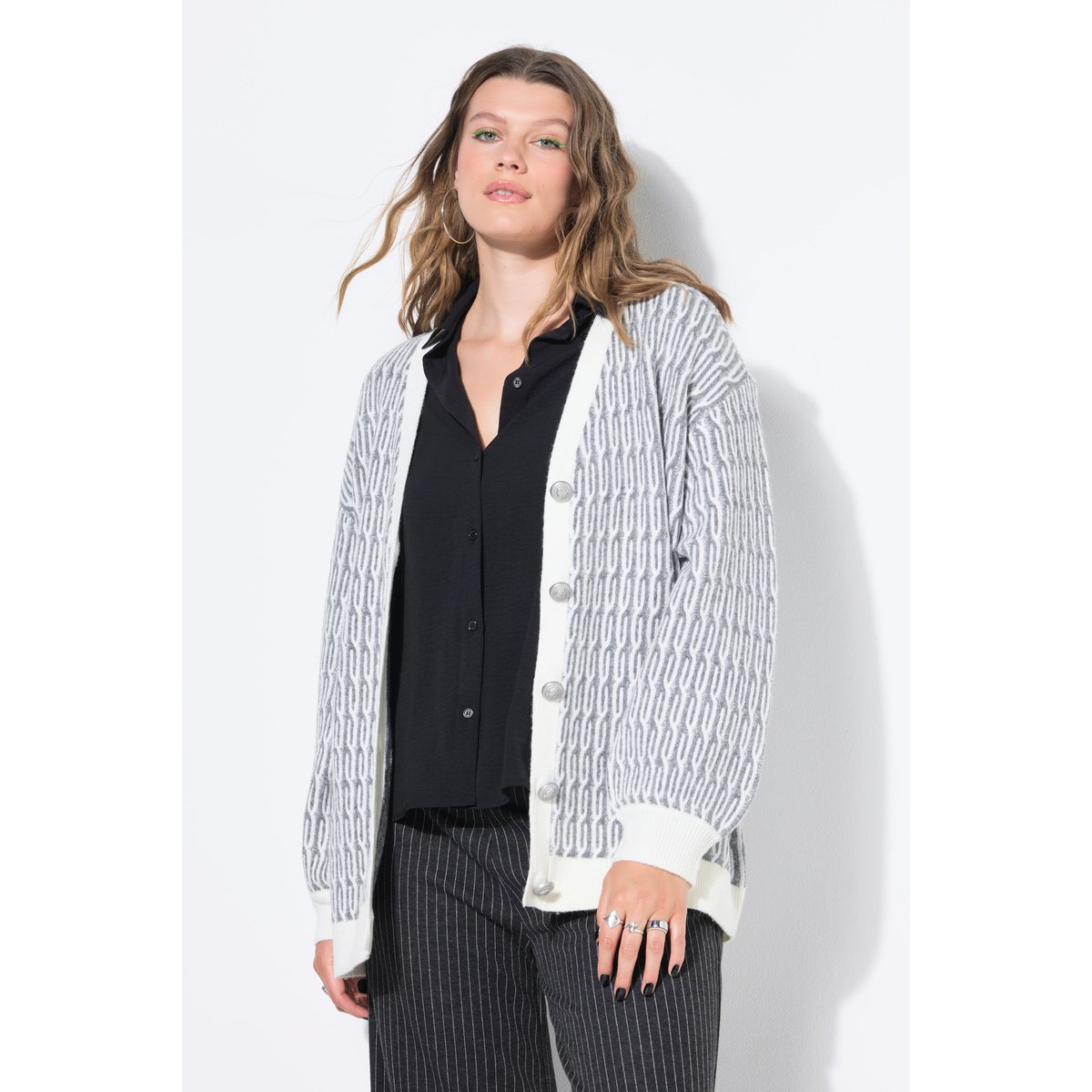 Cardigan oversize, maille torsadée gris chiné, STUDIO UNTOLD