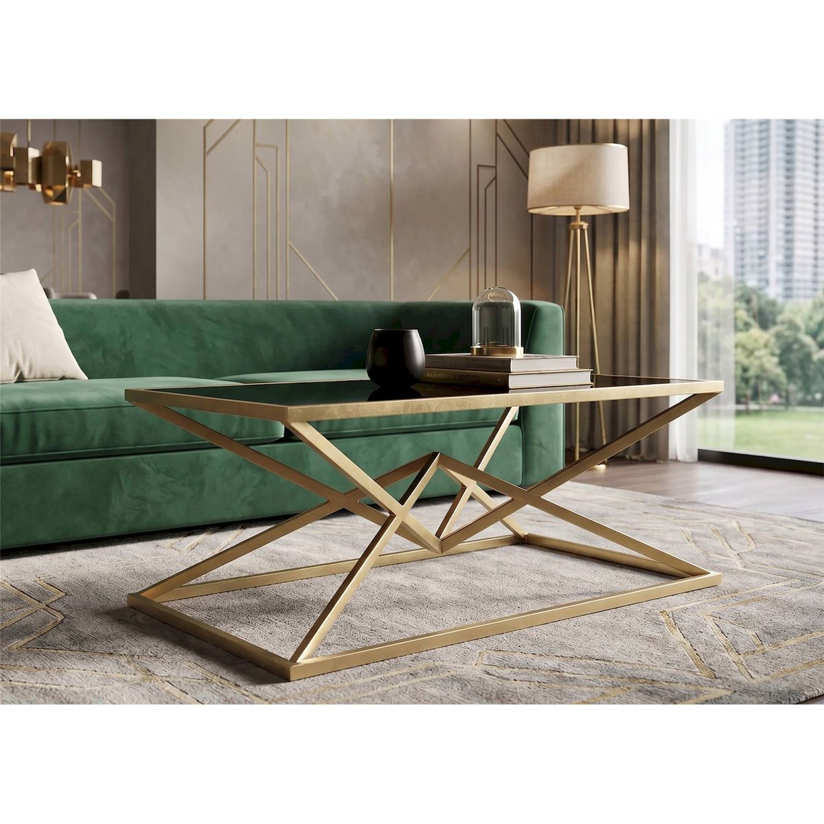 Table basse rectangulaire fer et verre GLAM doré et noir, RECOLLECTION