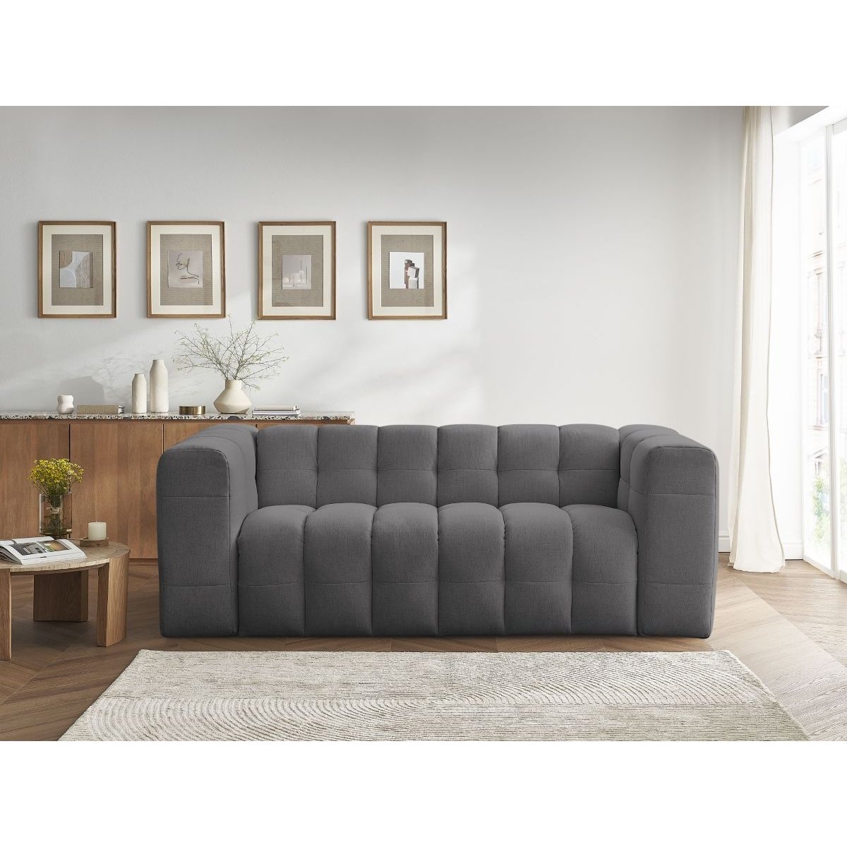 Canapé droit convertible 3 places en tissu lisse, CLOUD gris foncé, BOBOCHIC