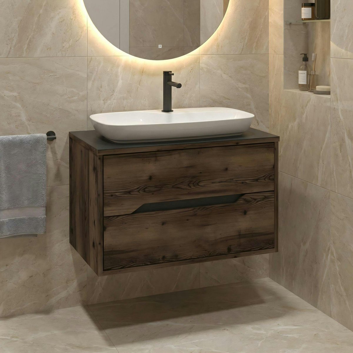 Meuble vasque suspendu 2 tiroirs 80 cm NEÏS bois foncé, PIER IMPORT
