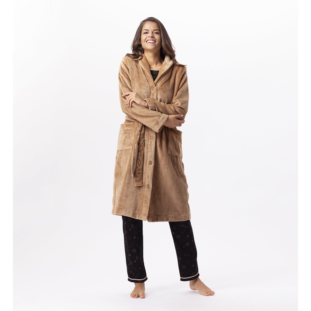 Robe de chambre en peluche flanelle ESSENTIEL H51B marron, LE CHAT