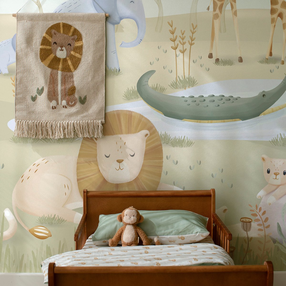 Papier peint panoramique pour enfant Petits animaux de la savanne coloris pastel, LITTLE DUTCH