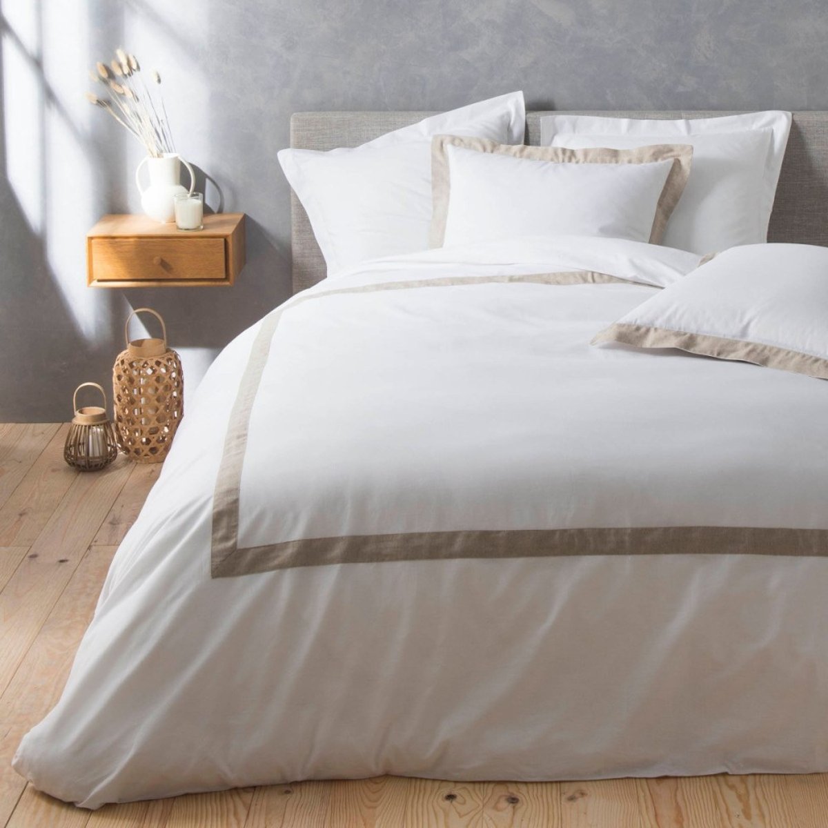 Housse de couette 240x220 + 2 taies empiècement lin blanc, DECORATIE