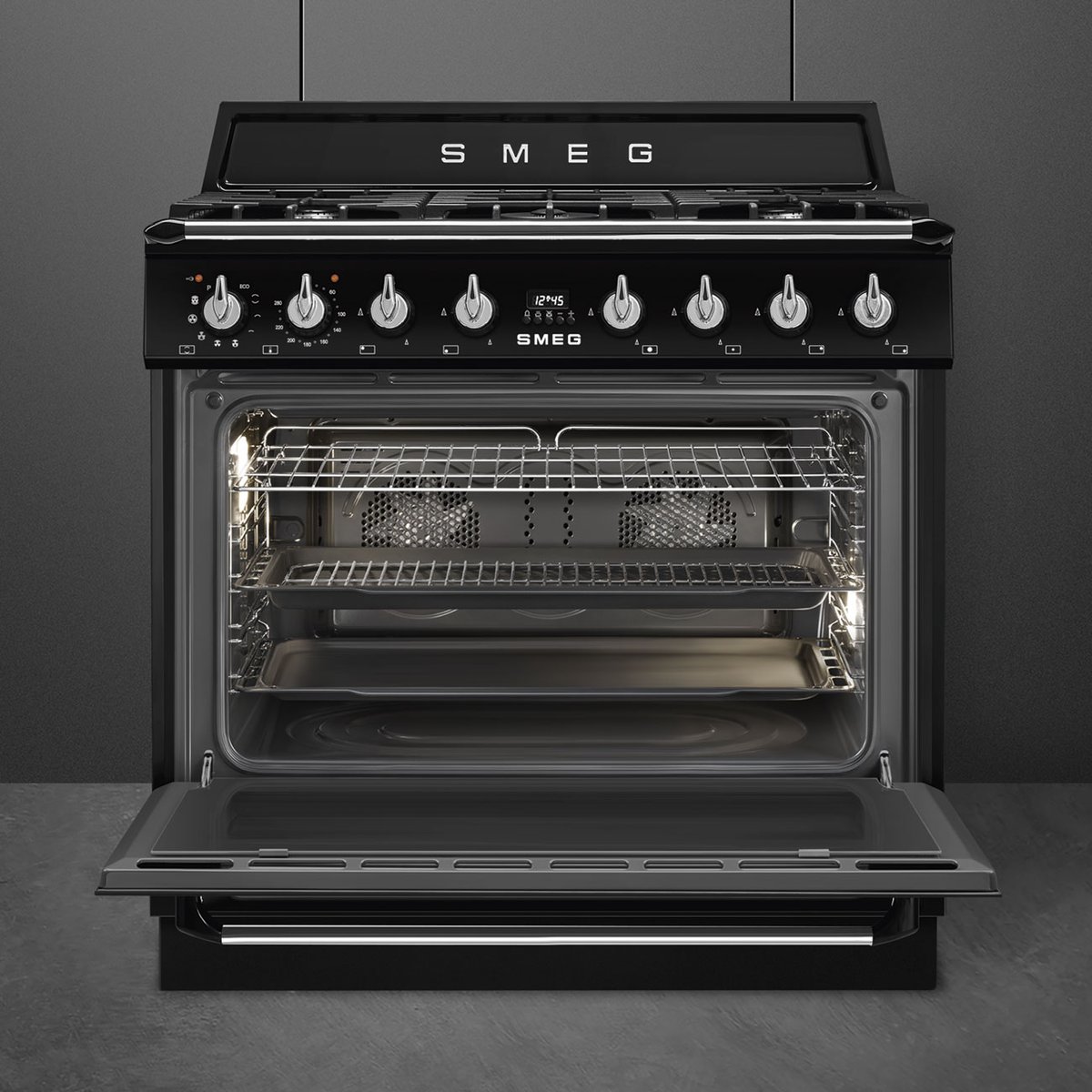 Piano de cuisson gaz 90cm pyrolyse TR90 noir brillant, SMEG