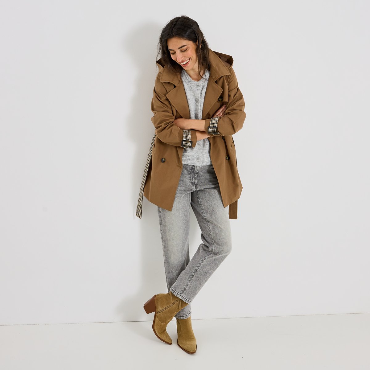 Trench mi-long à capuche marron camel, GRAIN DE MALICE