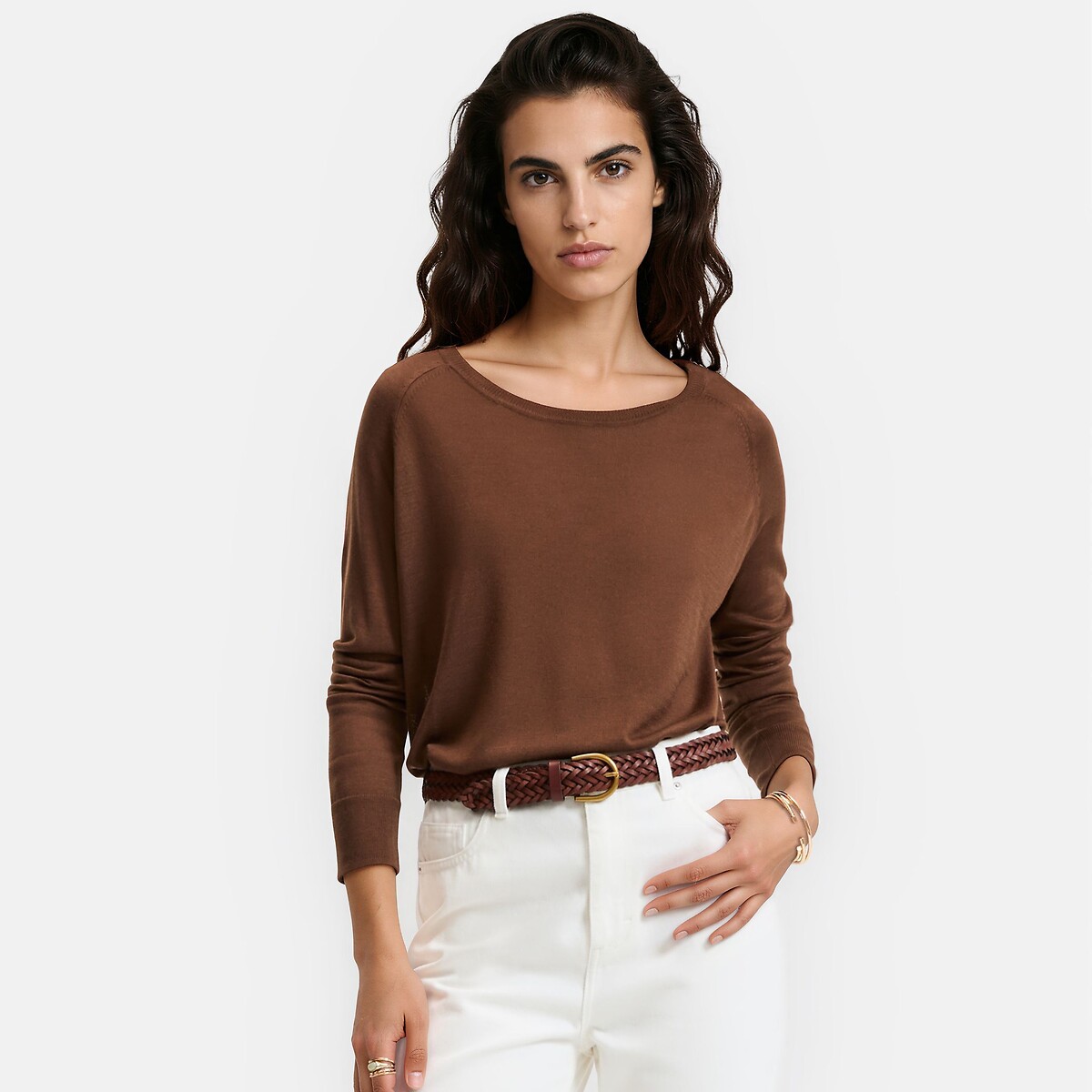 Jersey de cuello redondo en punto fino, manga larga marrón, LA REDOUTE COLLECTIONS