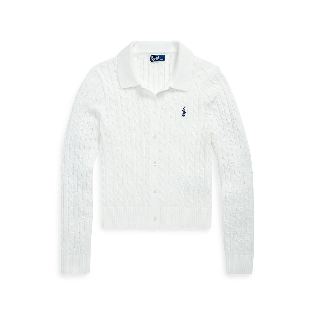 Cardigan à col polo et à manches longues, en maille torsadée blanc, POLO RALPH LAUREN