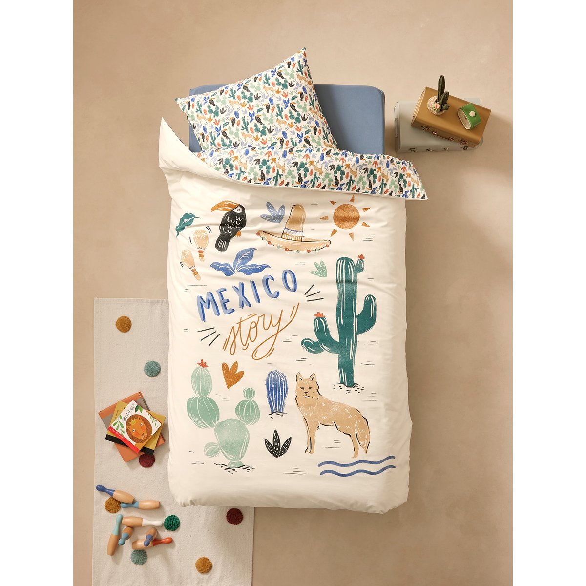 Parure housse de couette + taie d'oreiller MEXICO STORY, avec coton recyclé multicolore, VERTBAUDET