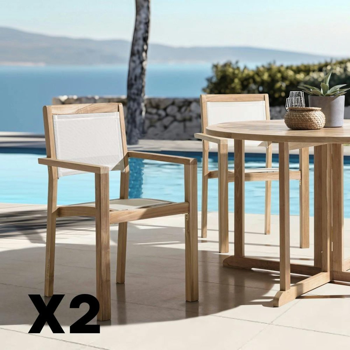Lot de 2 fauteuils empilables teck et textilène couleur beige ALERIA bois naturel, PIER IMPORT