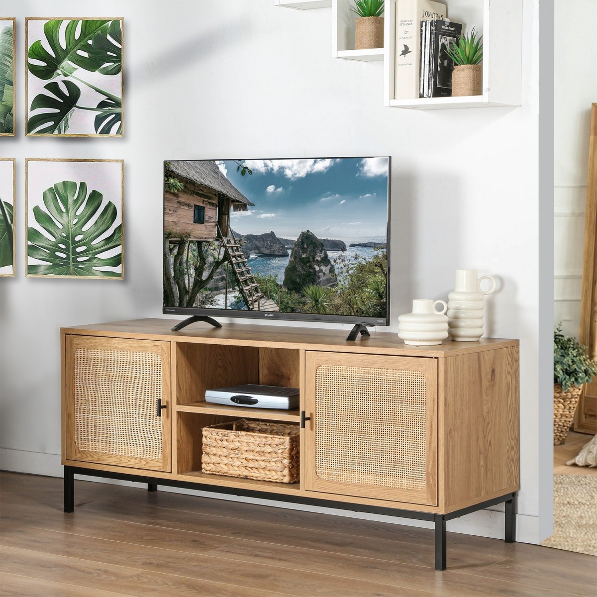 Meuble TV 2 Portes avec Cannage Rotin et 2 Niches L120cm - JAYA bois clair, CALICOSY