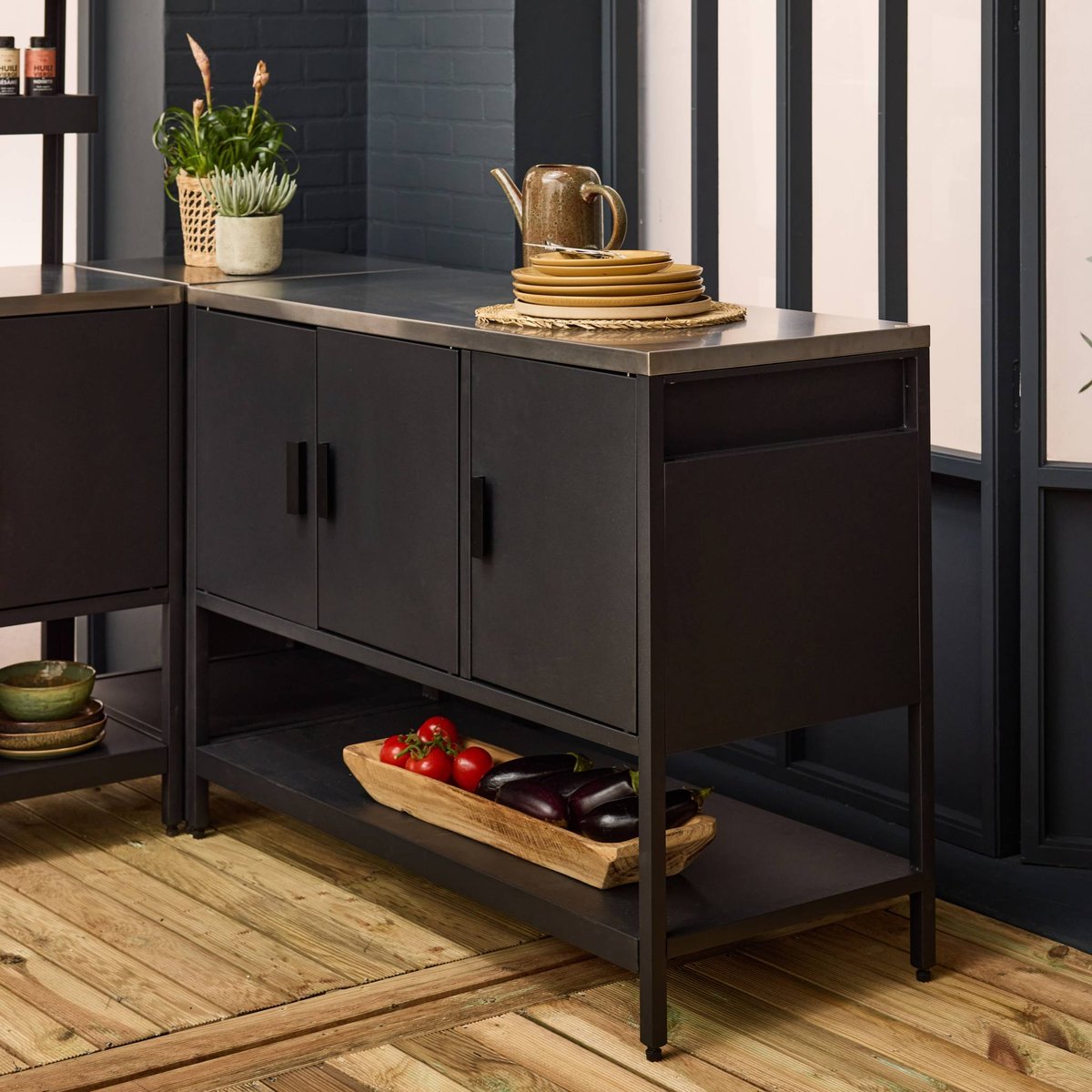 Cuisine d'extérieure 5 modules avec barbecue gaz 3 brûleurs sur pieds, thermomètre NAXOS BARBECUE GAZ + 5 MODULES noir, SWEEEK