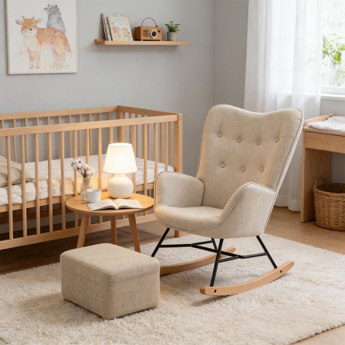 Fauteuil à bascule rocking chair scandinave en tissu, EPPING beige, MEUBLES COSY