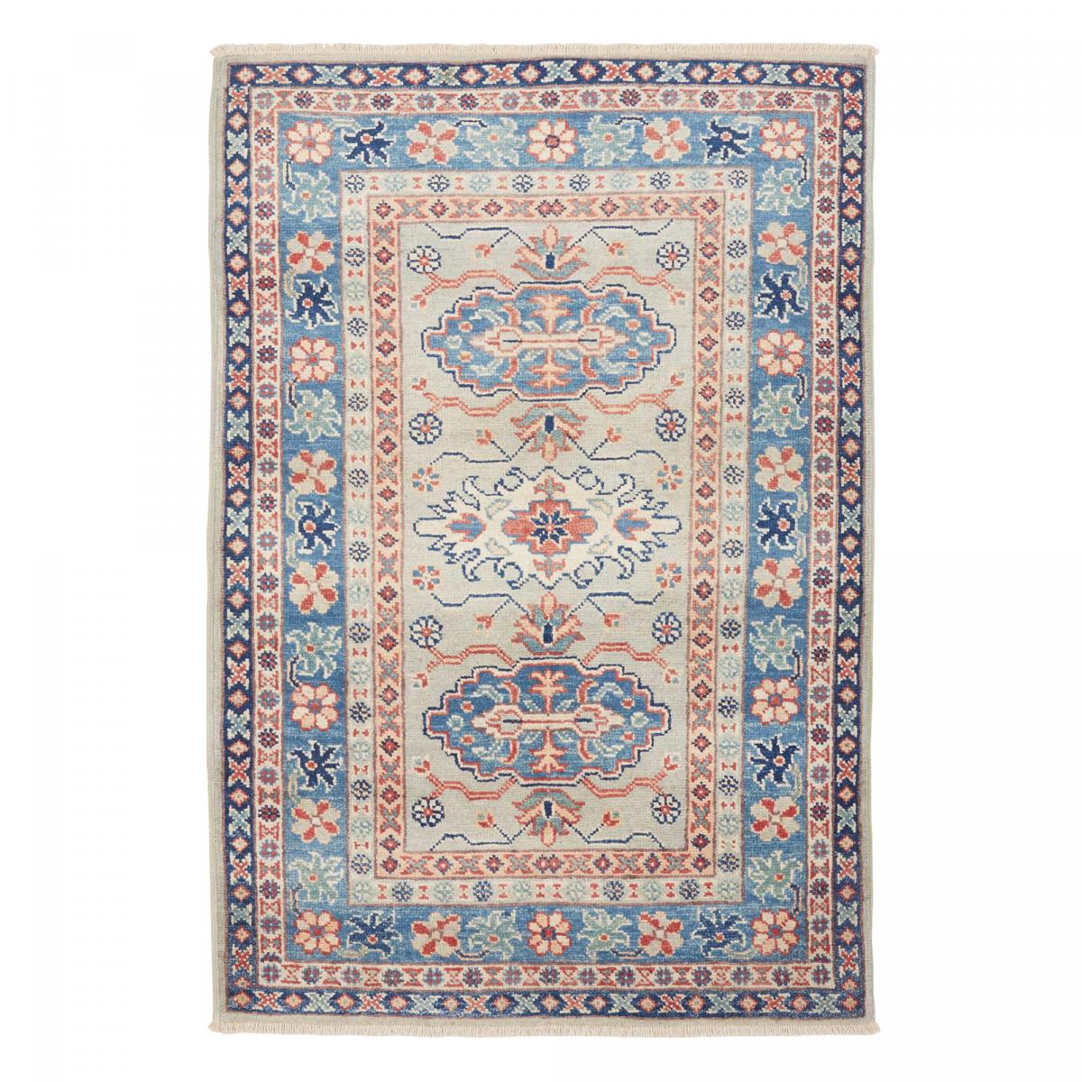 Tapis d'orient, motif oriental, noué main en laine, KAZAK CO 67 bleu, crème, beige, UN AMOUR DE TAPIS