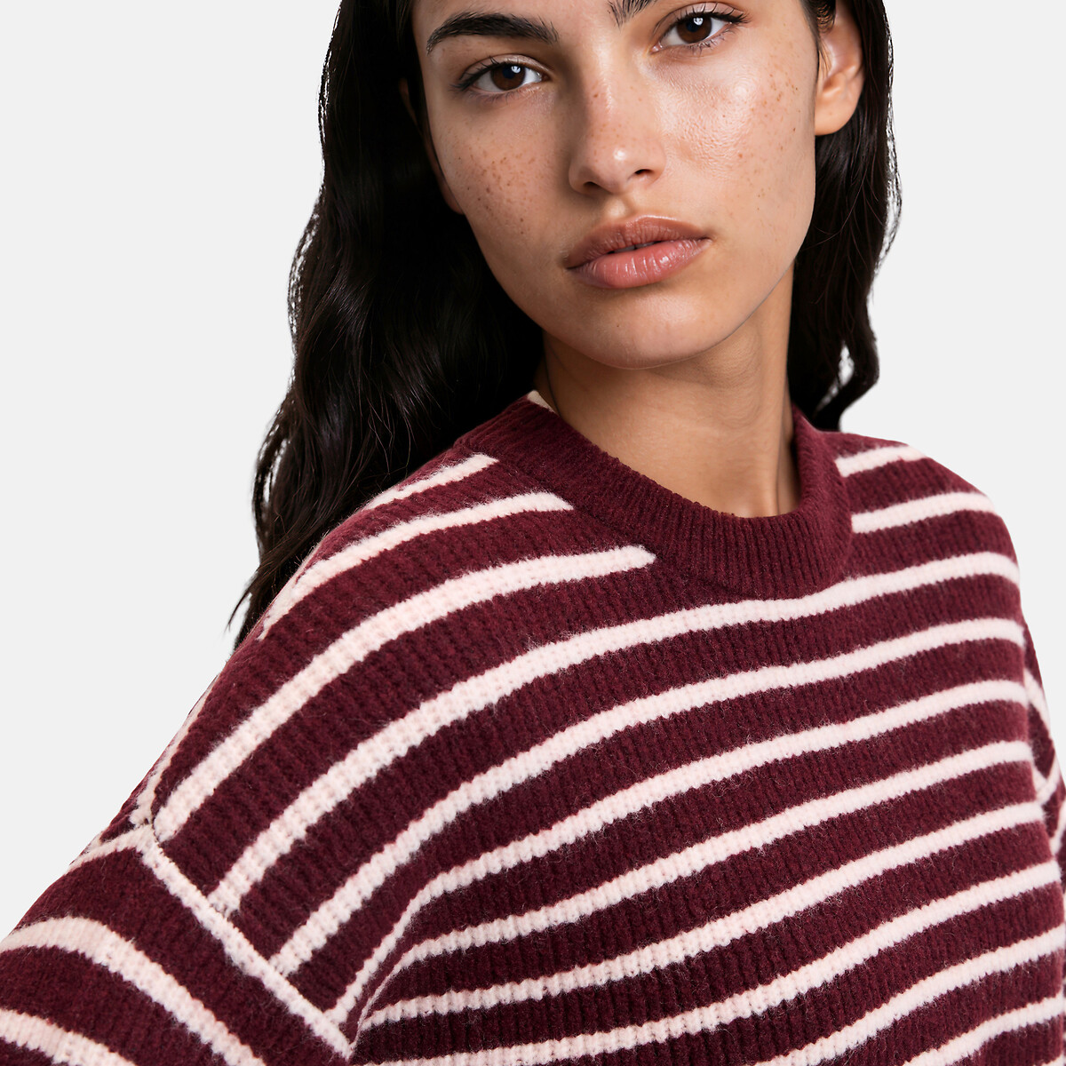 Pull col rond rayé, volume ample rose, LA REDOUTE COLLECTIONS