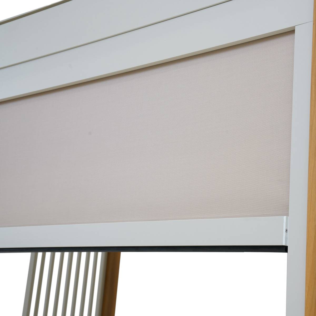 Pergola bioclimatique en aluminium effet bois rideaux déperlants 4x3m ECOZIA beige lin, HESPERIDE
