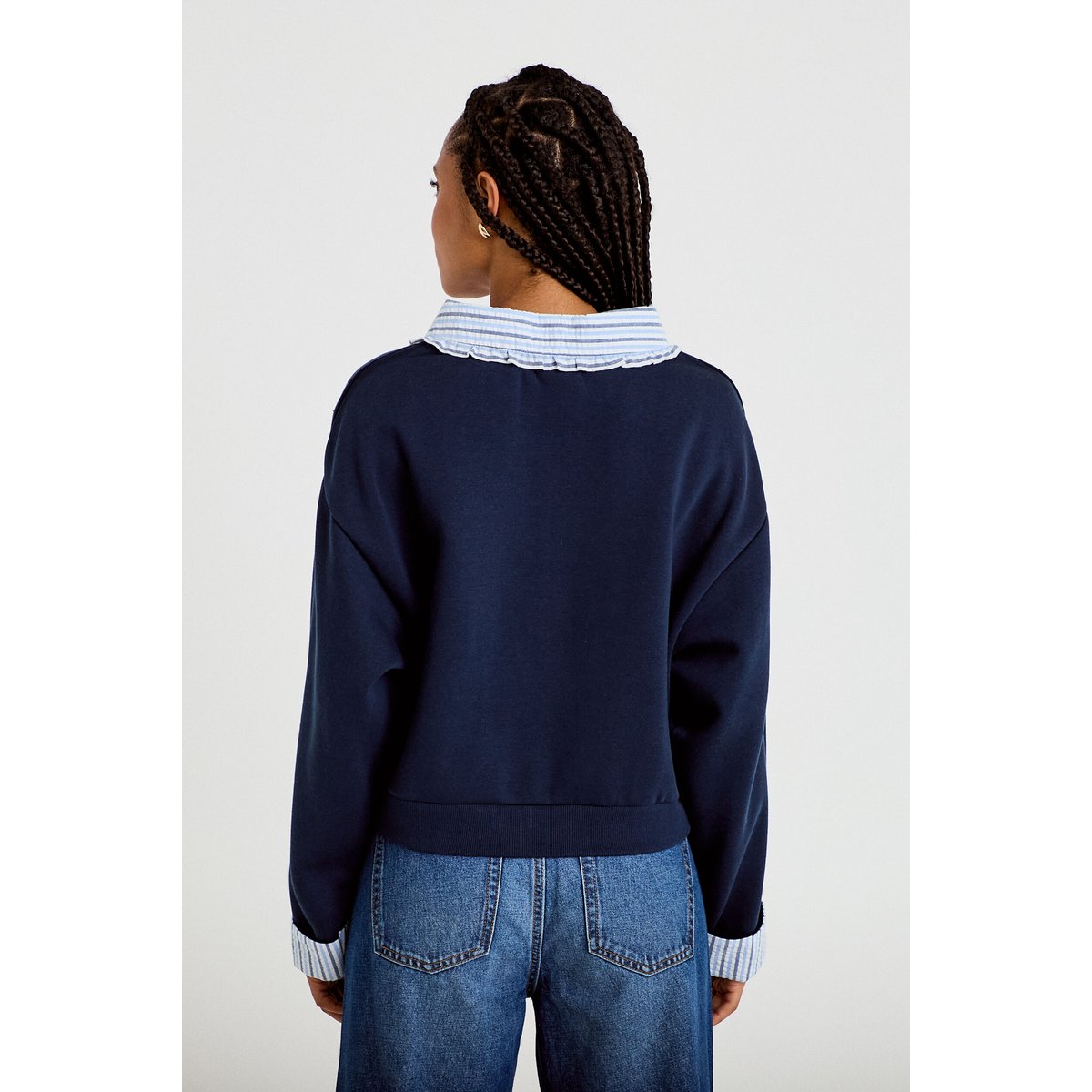 Sweat col chemise manches longues bleu marine, CACHE CACHE