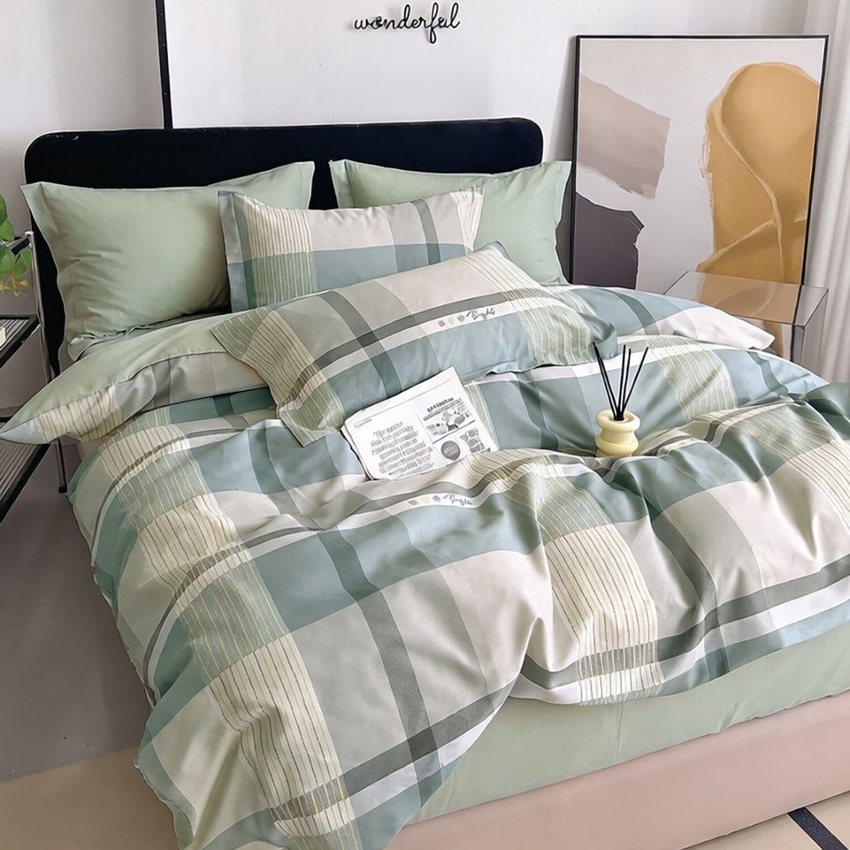 Parure de lit en percale de coton imprimé carreaux vert, Althé multicolore, C DESIGN HOME TEXTILE