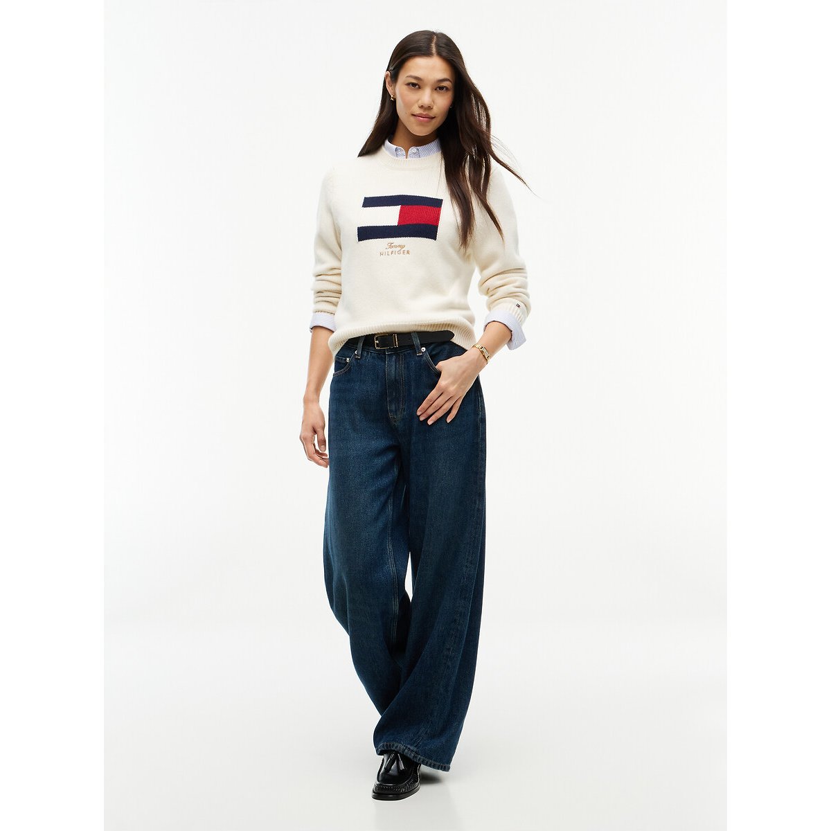 Pull col rond avec logo, 90% laine 10% cachemire  ivoire, TOMMY HILFIGER