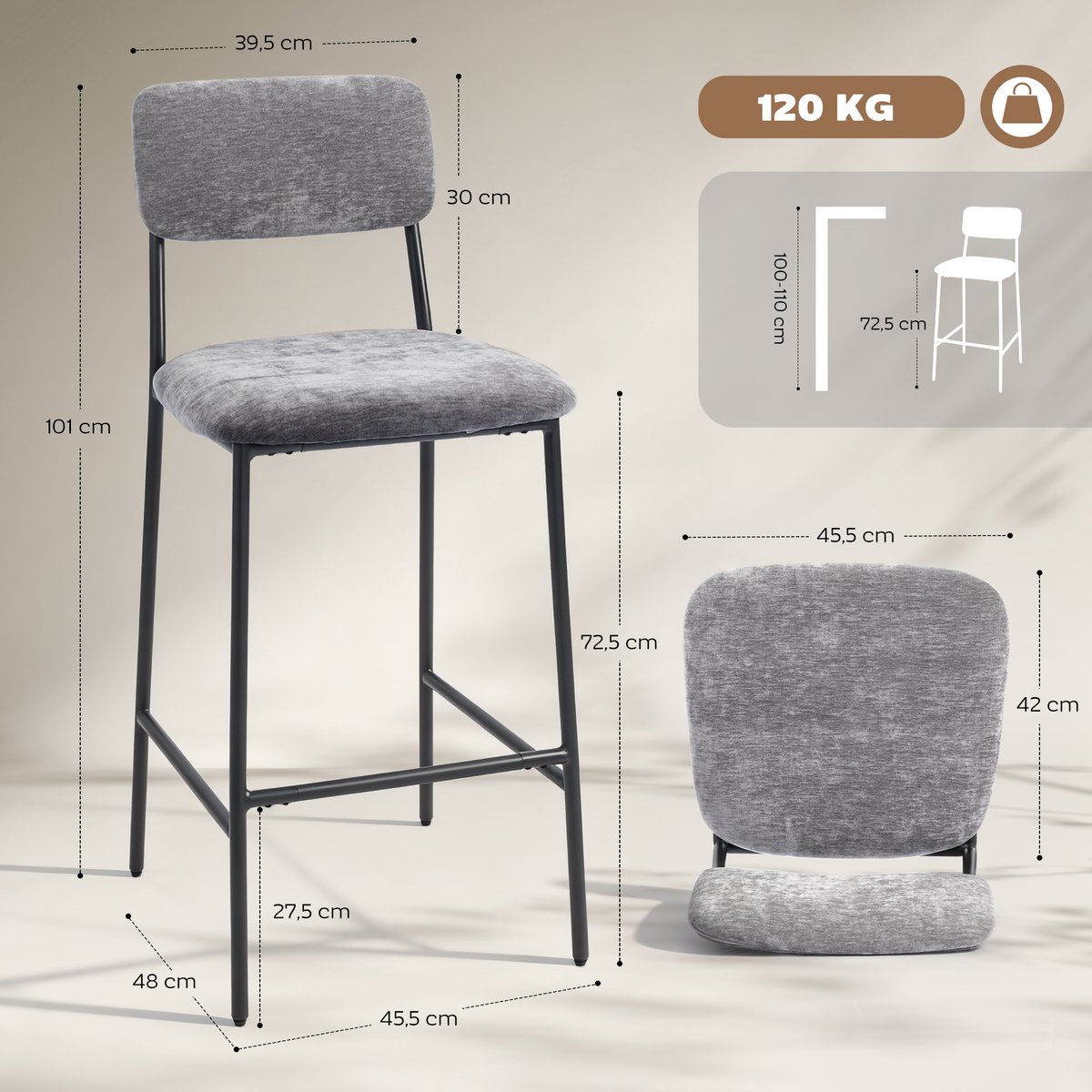 Tabouret de bar Chenille (100% polyester) gris, HOMCOM