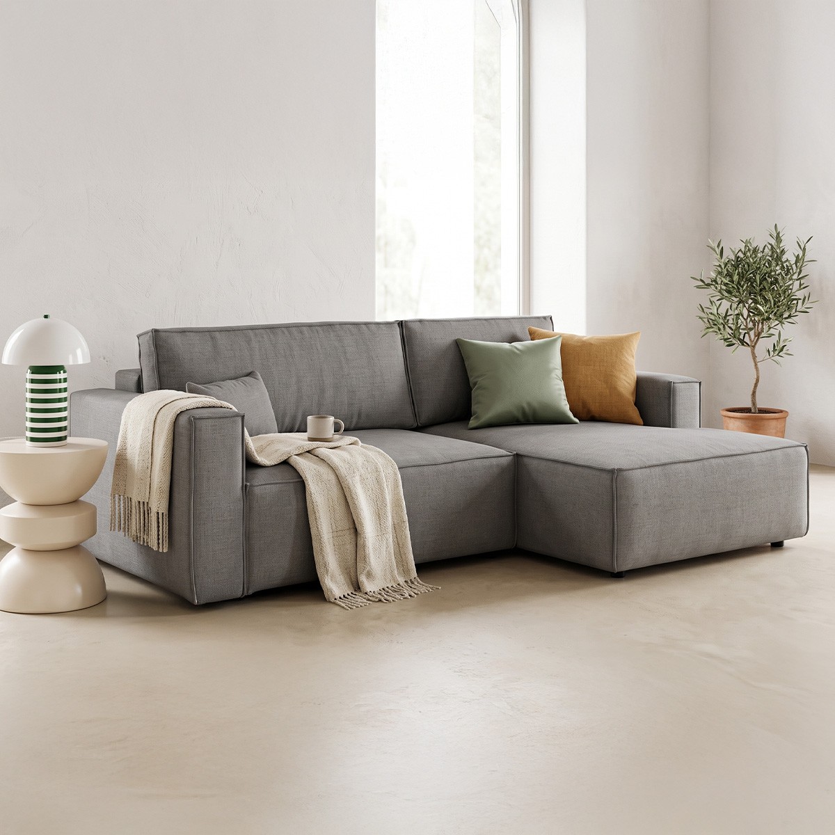 Canapé d'angle à droite convertible 3 places en tissu chenille - ASTI gris, HOMIFAB
