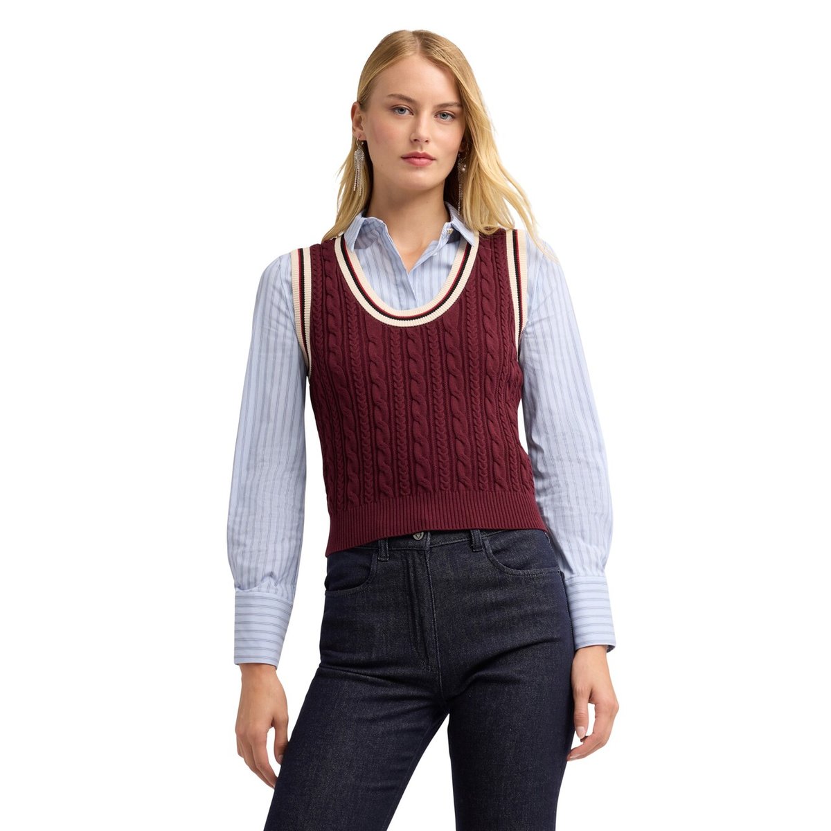 Top tressé avec bords rayés burgundy, MOTIVI