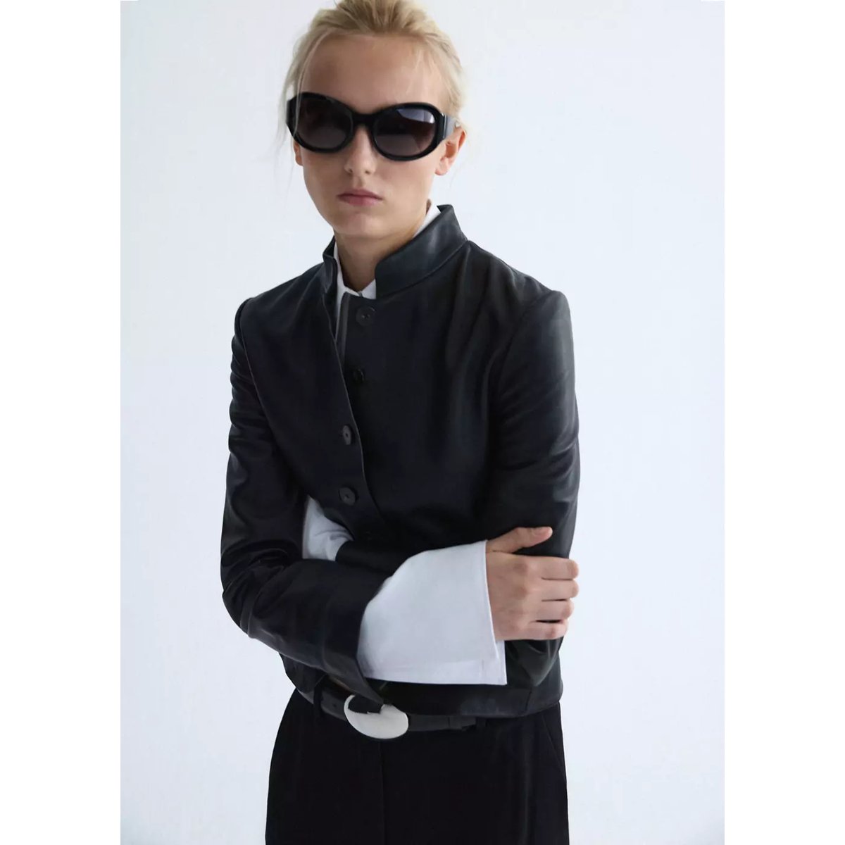 Veste cuir col officier noir, MANGO