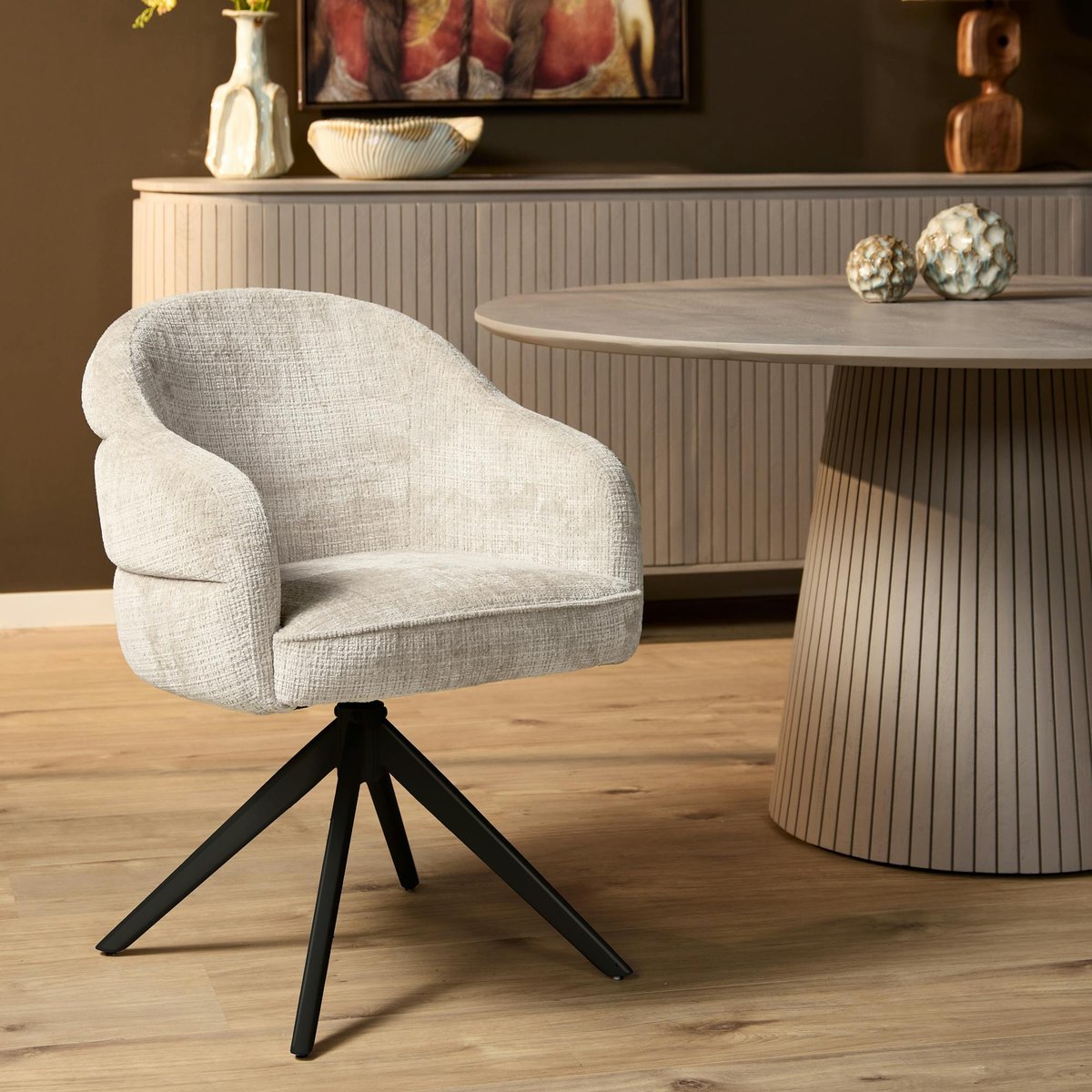 Chaise arrondie pivotante en tissu chenille (lot de 2) CORTINA ecru, PIER IMPORT