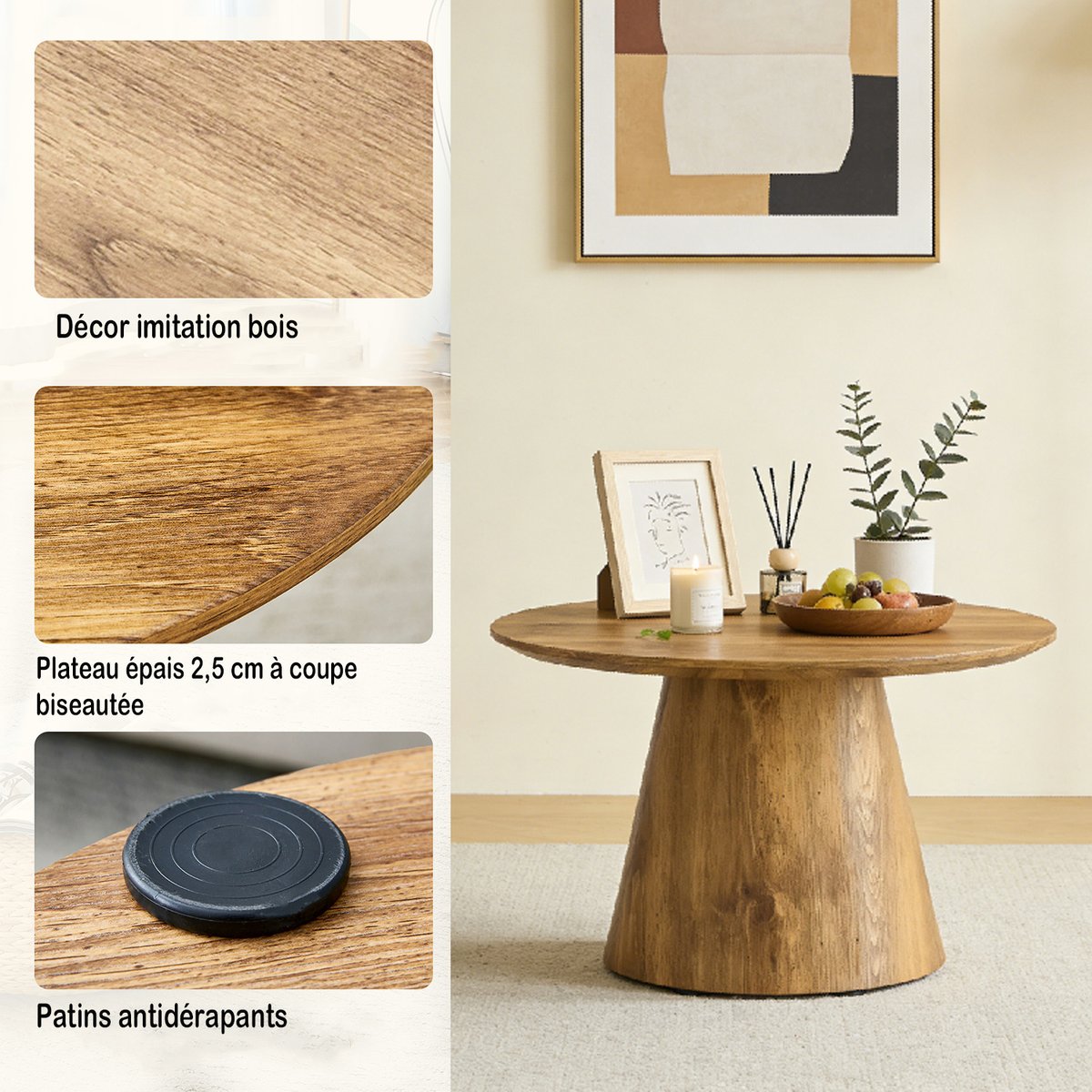 Table basse effet bois ronde scandinave, CONEA medium oak, MEUBLES COSY