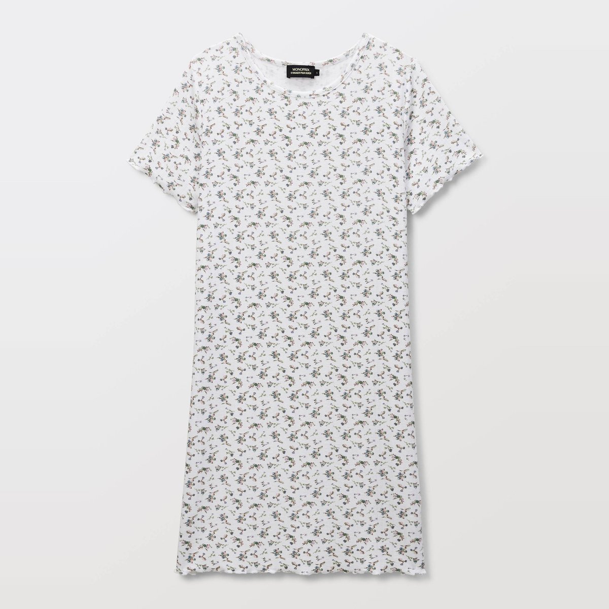 Chemise de nuit en pointelle imprimée à finitions ruffle en modal et coton white cap, MONOPRIX