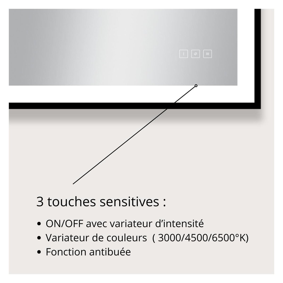 Miroir LED rectangulaire L60/80/120cm avec cadre alu noir VELUNA couleur unique, MOB IN